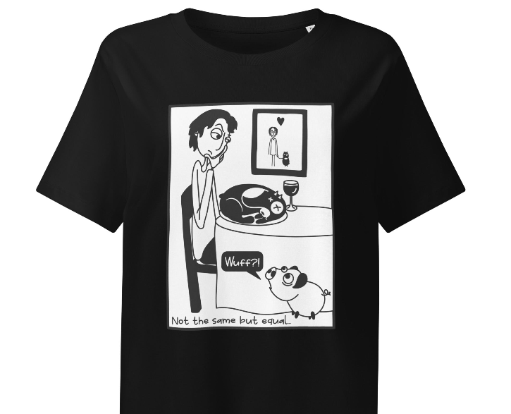 Damen-T-Shirt (schwarz) mit weißem Frontdruck: Hund und Schwein neben Frau