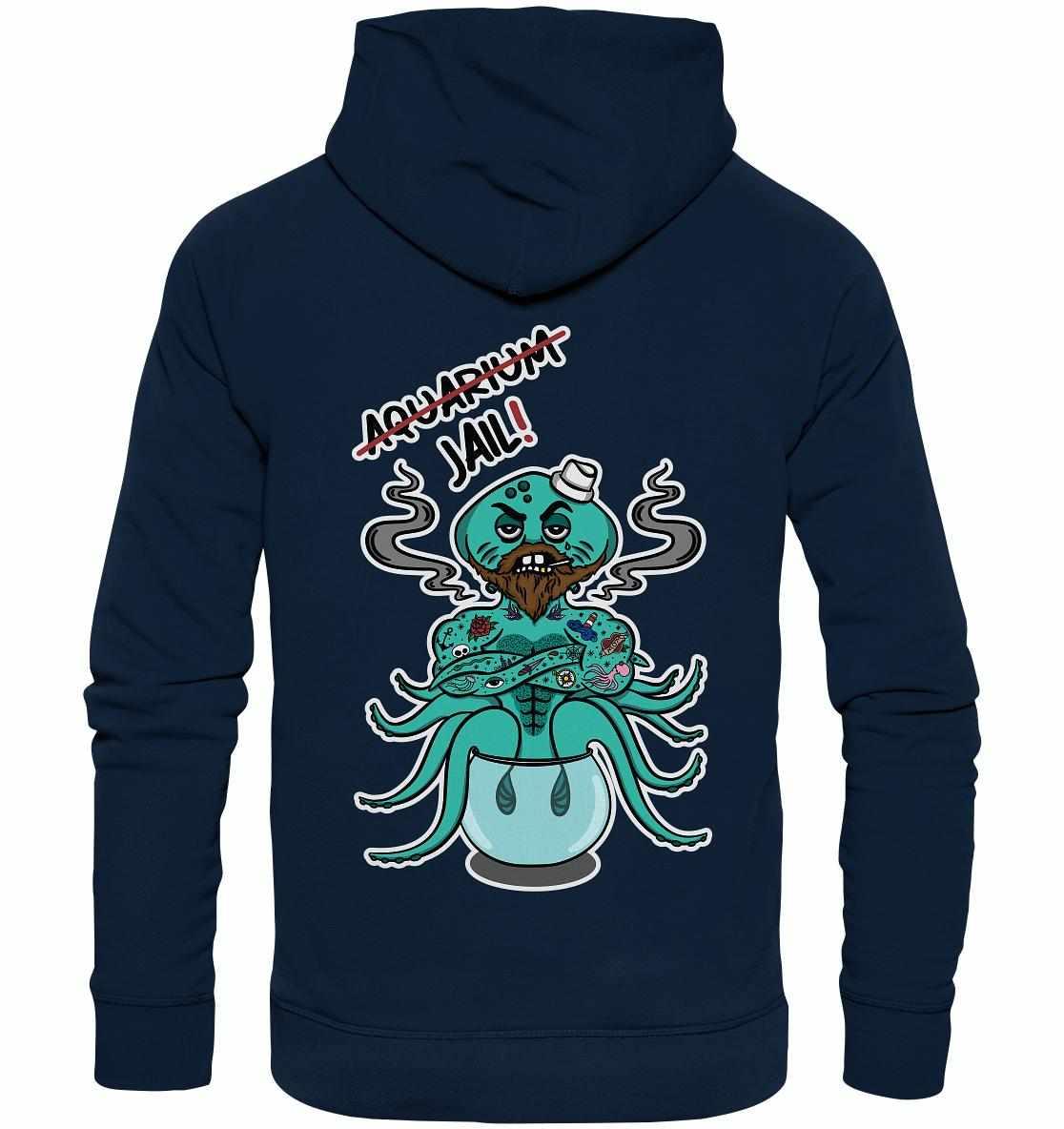Vegan und Bio Hoodie: Animal Rights - Aquarium=Jail! mit Cartoon-Oktopus, aus Bio-Baumwolle und recyceltem Polyester, symbolisiert Meeresschutz und Tierrechte.