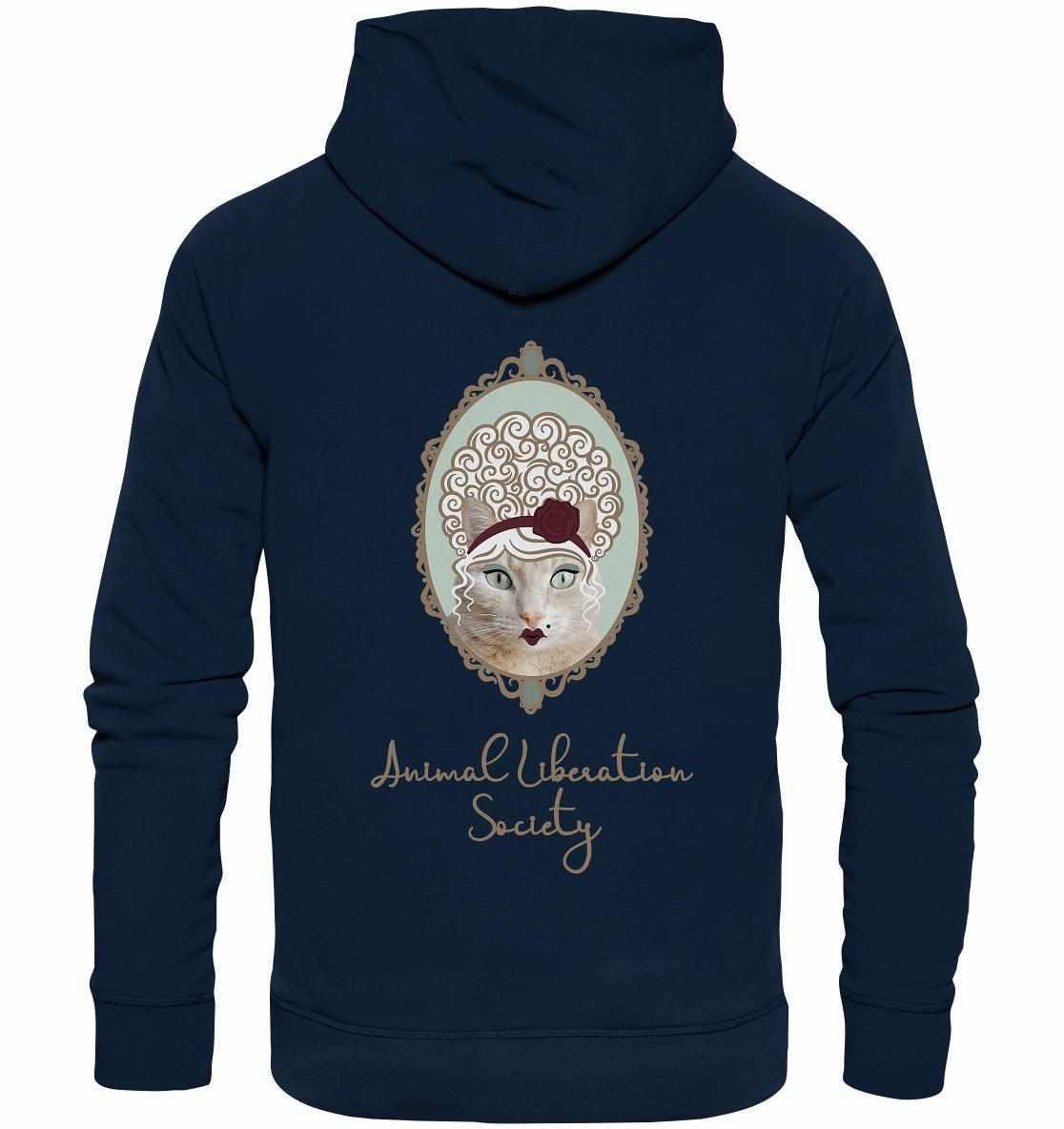 Vegan und Bio Hoodie: Miss Cat - Animal Liberation Society, zeigt eine Katze mit roter Rose, aus Bio-Baumwolle und recyceltem Polyester, normal geschnitten.