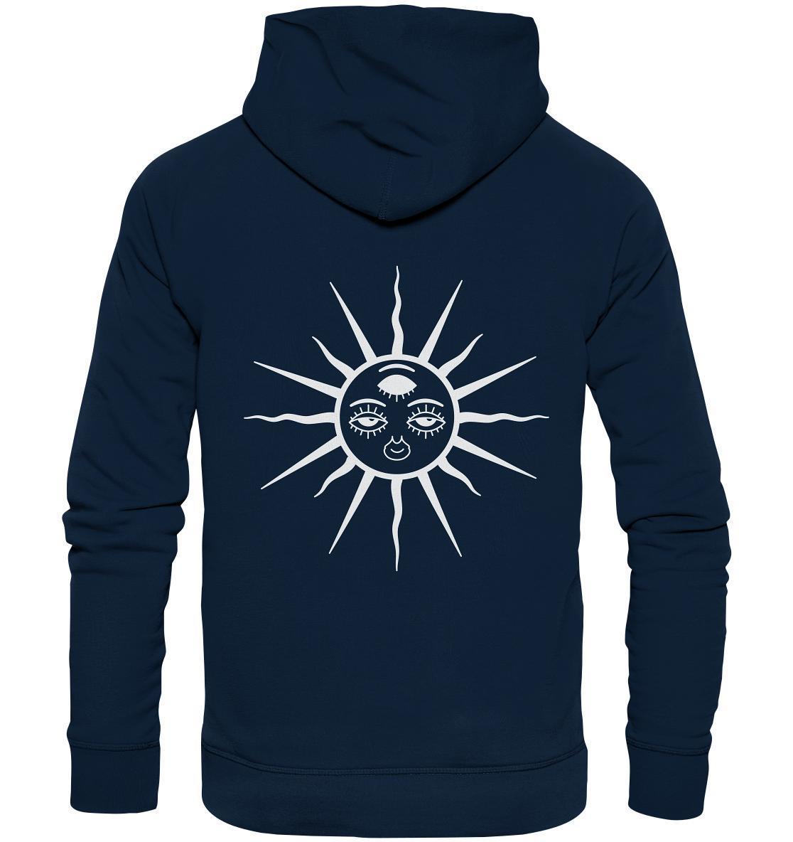 Vegan und Bio Hoodie: The Sun - Third Eye Awakening, blauer Hoodie mit weißem Sonnendesign, aus umweltfreundlicher Bio-Baumwolle, ideal für nachhaltige Mode und Goa-Raves.