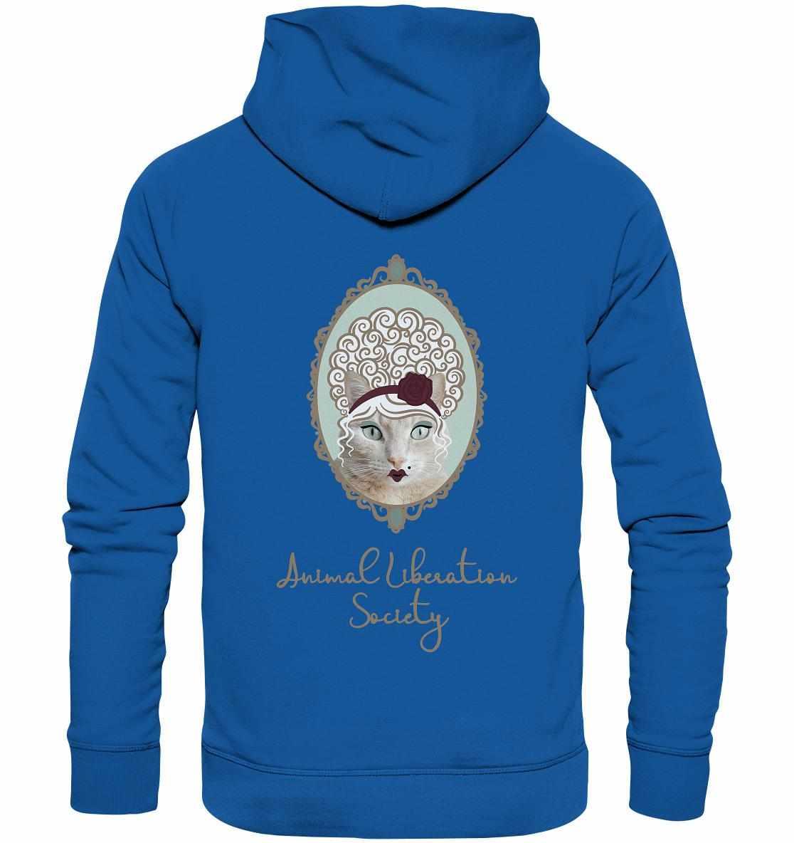 Vegan und Bio Hoodie: Miss Cat - Animal Liberation Society, blauer Hoodie mit Katzengesicht, inspiriert von Tierrechten, aus Bio-Baumwolle und recyceltem Polyester.