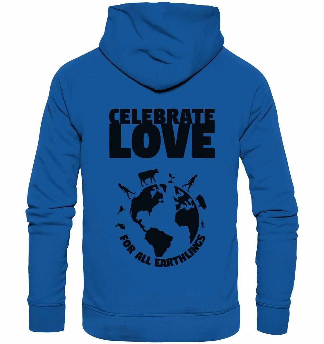 Vegan und Bio Hoodie: Celebrate Love For All Earthlings, blaue Kapuze mit Logo, aus nachhaltigen Materialien, ideal für Veganer und Umweltbewusste.