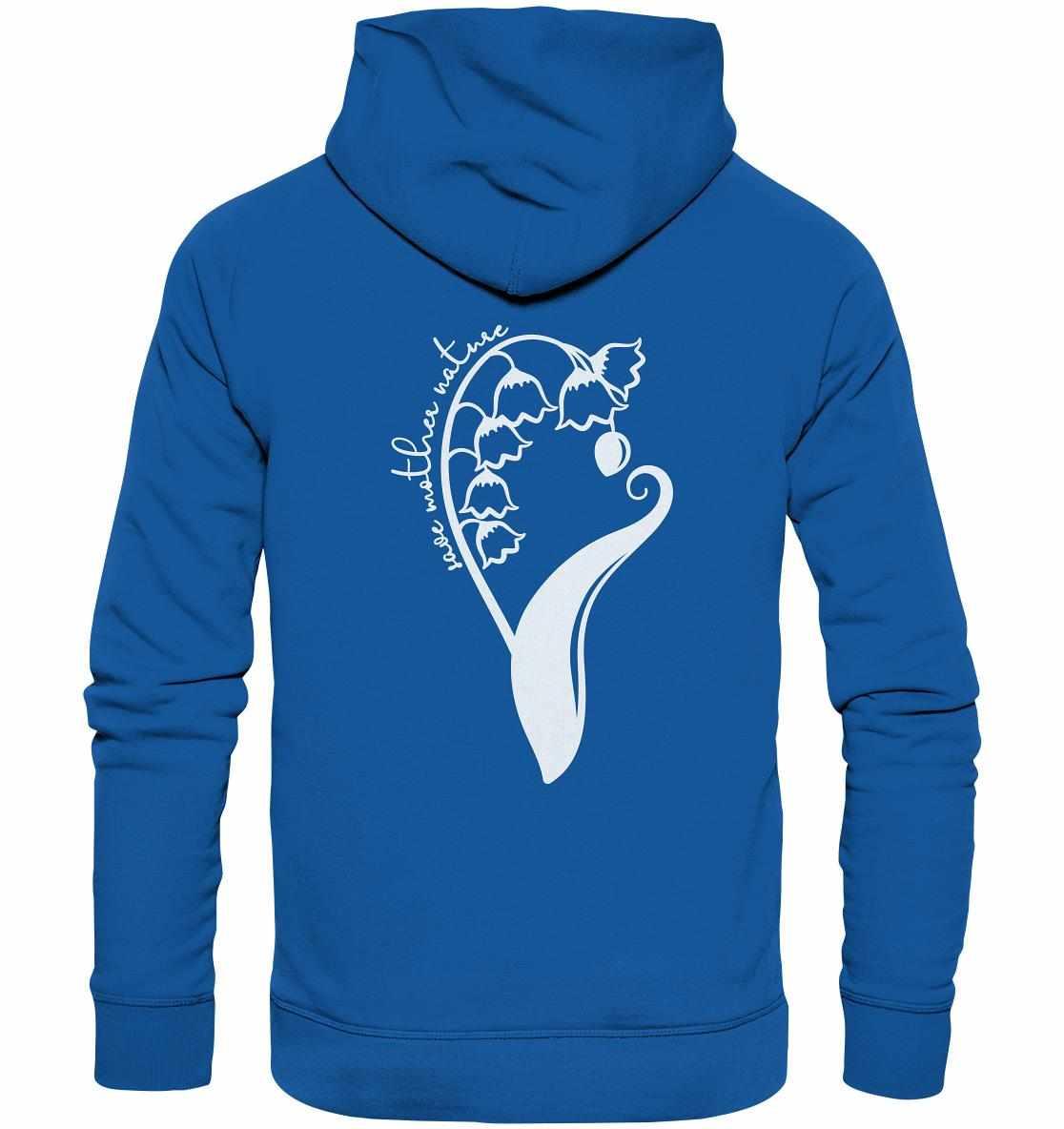 Vegan und Bio Hoodie: Save Mother Nature with Flower Power - Blaues Hoodie mit weißem Blumenmotiv, aus umweltfreundlicher Bio-Baumwolle, ideal für Naturschützer.