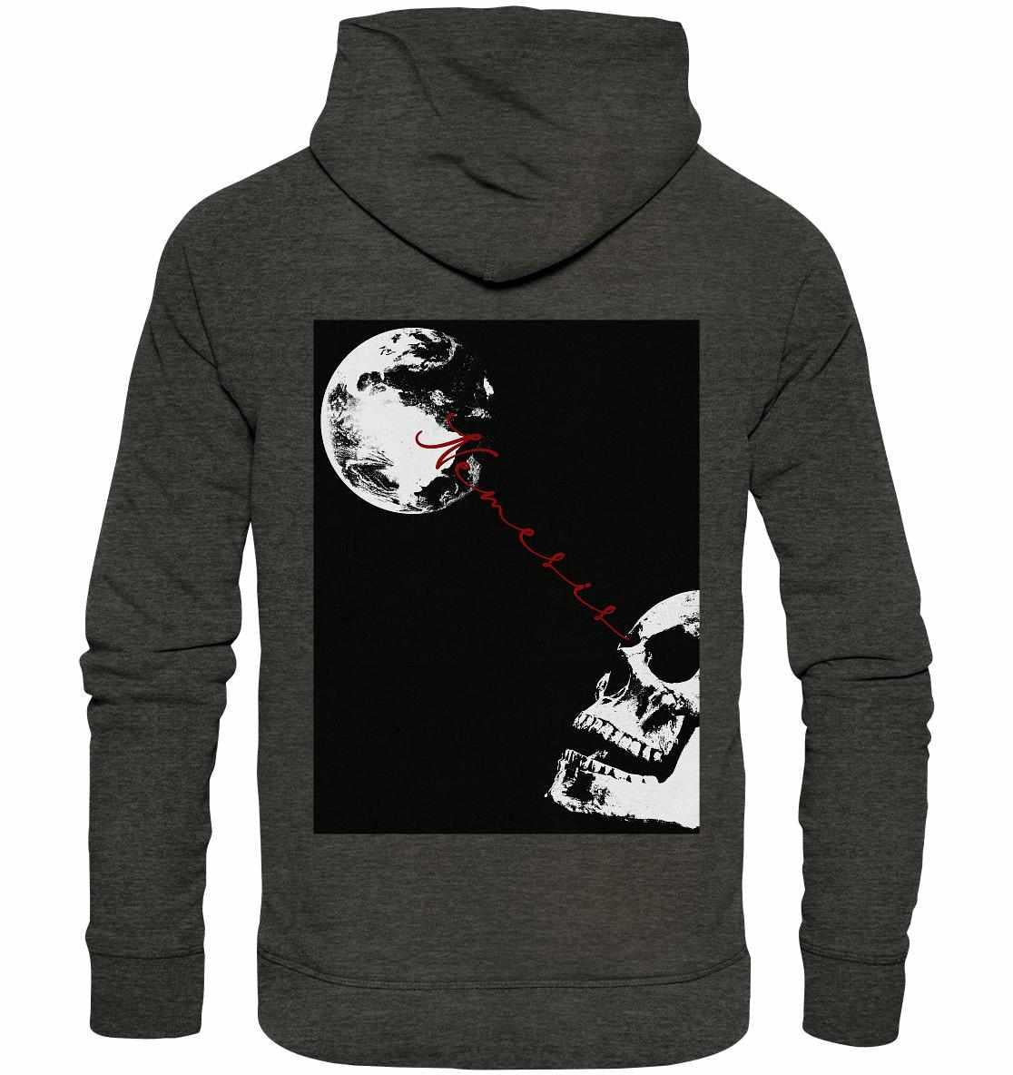 Vegan und Bio Hoodie: Nemesis - Dystopische digitale Collage mit Schädel- und Mondsymbolik, aus nachhaltiger Bio-Baumwolle und recyceltem Polyester, ideal für düstere Modefreunde.