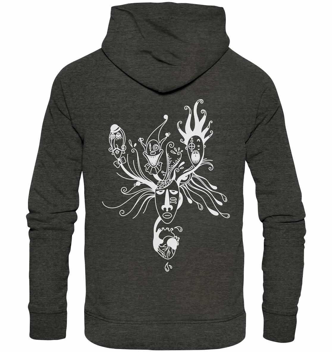 Vegan und Bio Hoodie: Mental Health - Behind the Mask, mit weißem Gesichtsmotiv auf grauem Stoff, nachhaltig aus Bio-Baumwolle und recycelten Materialien gefertigt.