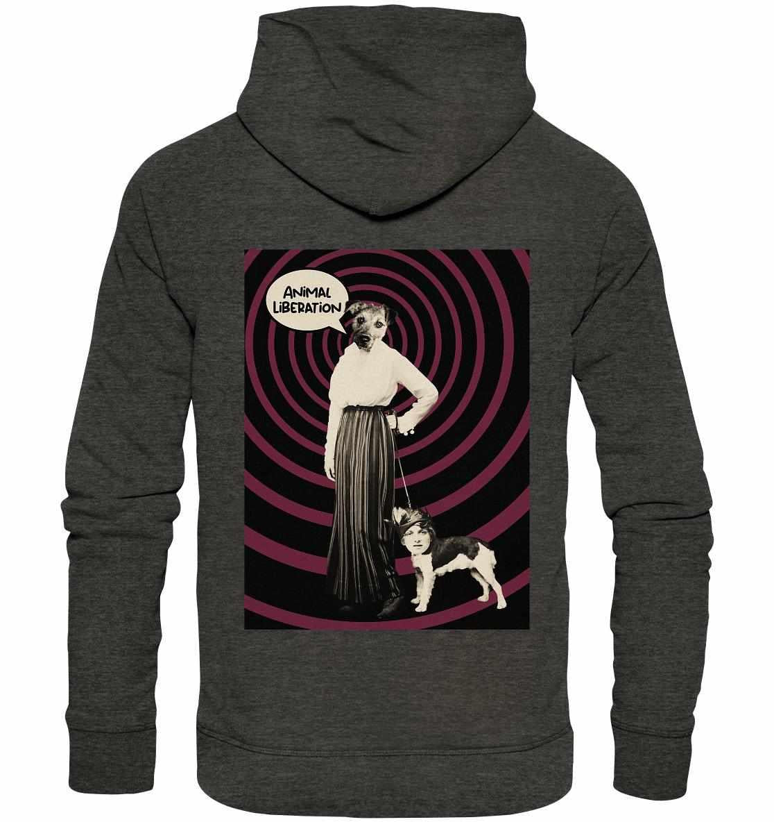 Vegan und Bio Hoodie: Upside Down - Animal Liberation mit Popart-Collage von Frau und Hund, aus umweltfreundlicher Bio-Baumwolle und recyceltem Polyester.