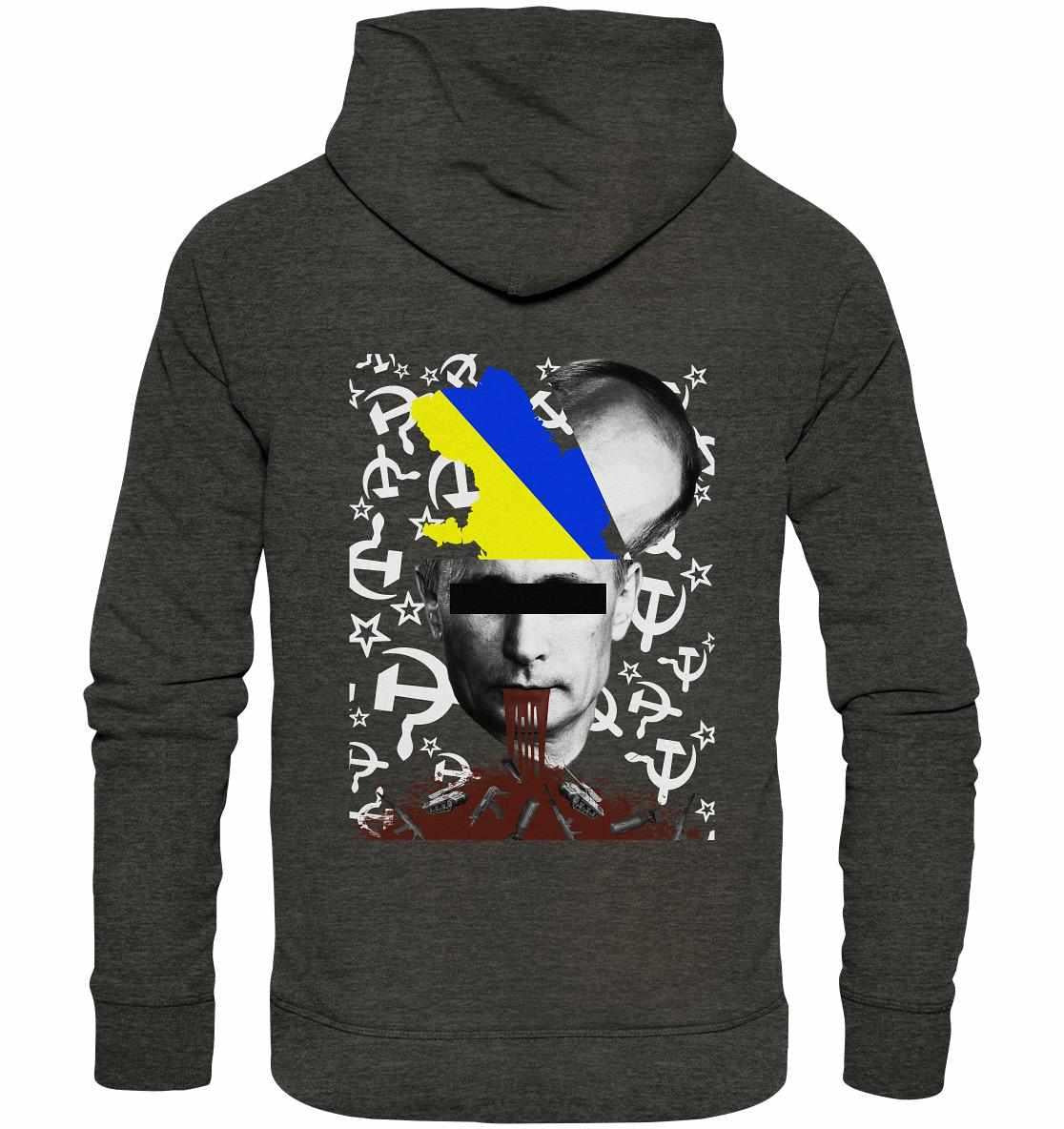 Vegan und Bio Hoodie: STOP WAR IN UKRAINE!, grauer Hoodie mit digitaler Collage, Gesicht und Flagge als Motiv, aus Bio-Baumwolle, produziert von RUDE REBEL.