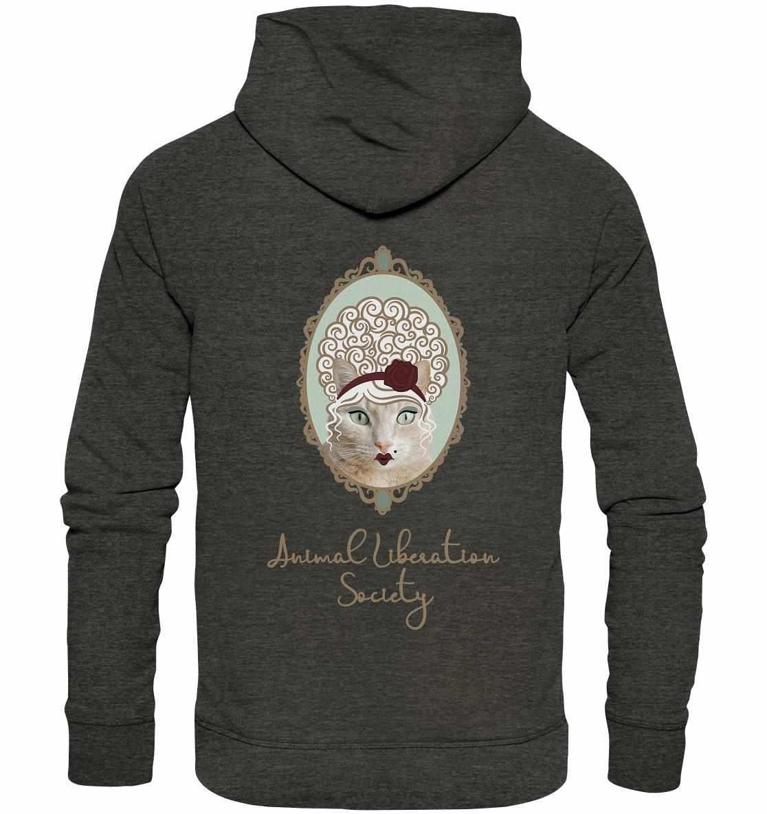Vegan und Bio Hoodie: Miss Cat - Animal Liberation Society, grauer Hoodie mit Katzenmotiv, Kapuze und Kängurutasche, aus Bio-Baumwolle und recyceltem Polyester.