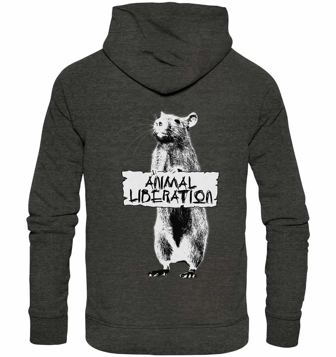 Vegan und Bio Hoodie: Rat for Animal Liberation mit Tiermotiv im Street-Art-Stil, inspiriert von Banksy, auf grauem Hoodie aus nachhaltiger Bio-Baumwolle.
