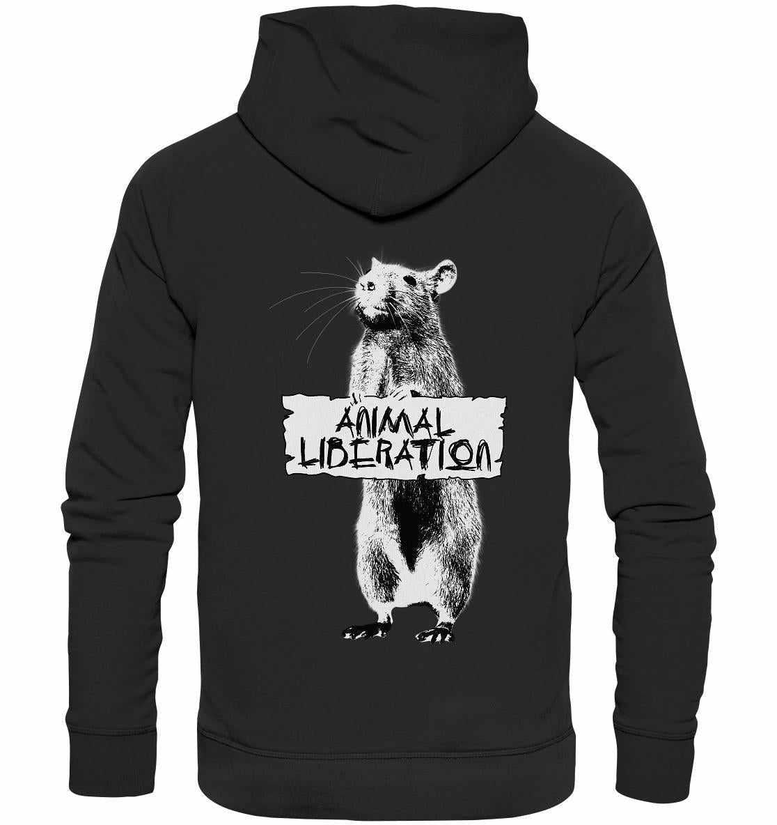 Person trägt den Vegan und Bio Hoodie: Rat for Animal Liberation mit Bärenmotiv, inspiriert von Street Art, aus umweltfreundlicher Bio-Baumwolle, langärmelig, Kapuze, Kängurutasche.