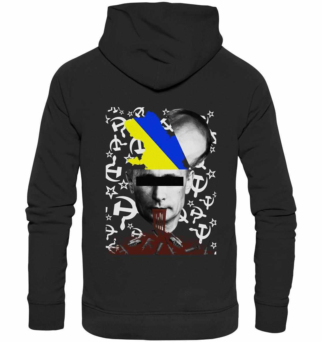 Vegan und Bio Hoodie: STOP WAR IN UKRAINE! Schwarzer Hoodie mit Collage eines Gesichts und Ukraine-Thema, aus umweltfreundlicher Bio-Baumwolle, normaler Schnitt, Kapuze.