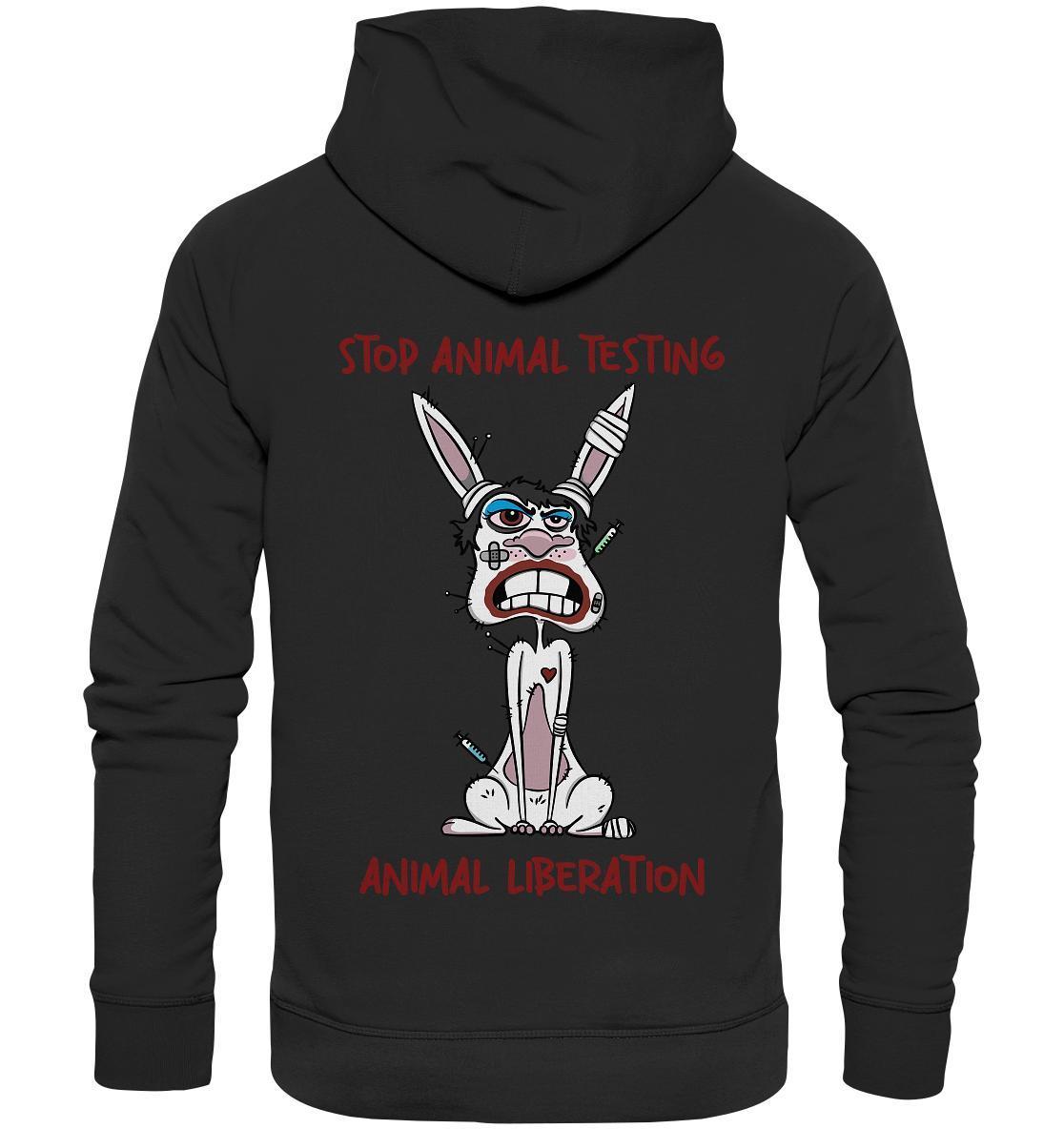 Vegan und Bio Hoodie: White rabbit - STOP ANIMAL TESTING! zeigt Cartoon-Hase mit Bandagen und Spritzen, betont grausame Tierversuche. Aus Bio-Baumwolle, normaler Schnitt, Kängurutasche.