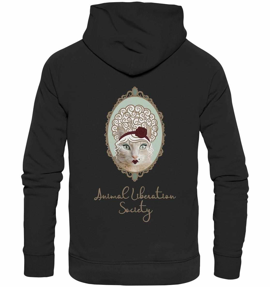 Veganer Bio-Hoodie „Miss Cat“ mit Katzenmotiv, inspiriert von der Animal Liberation Society. Aus Bio-Baumwolle und recyceltem Polyester, designt von RUDE REBEL.
