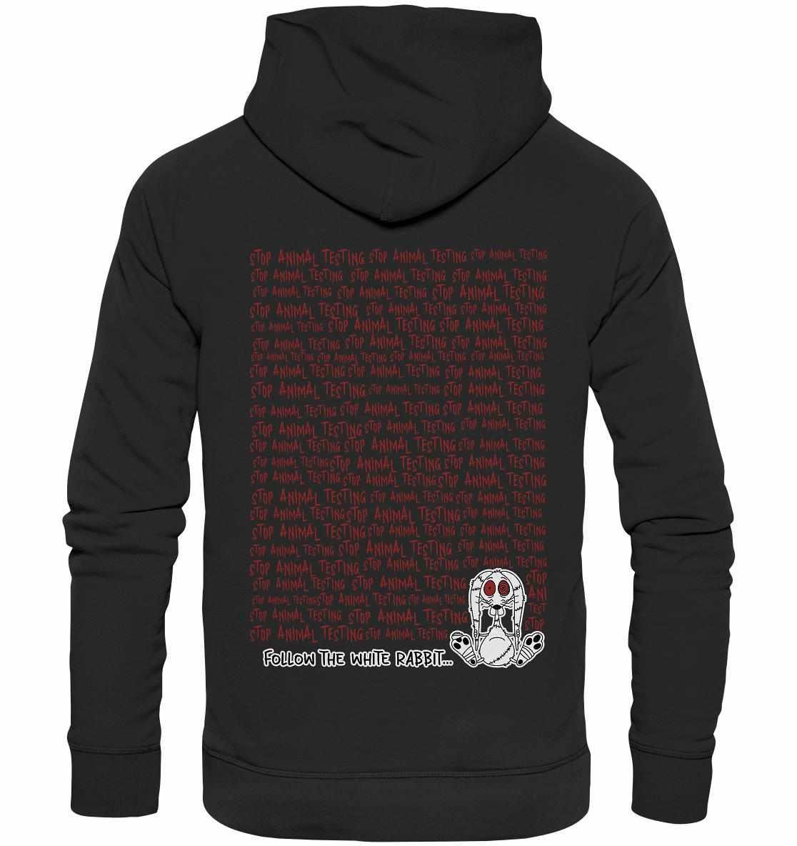 Vegan und Bio Hoodie mit Hasenmotiv, betont tierversuchsfreies Engagement. Hergestellt aus Bio-Baumwolle und recyceltem Material. Design von RUDE REBEL, thematisiert Tierrechte.