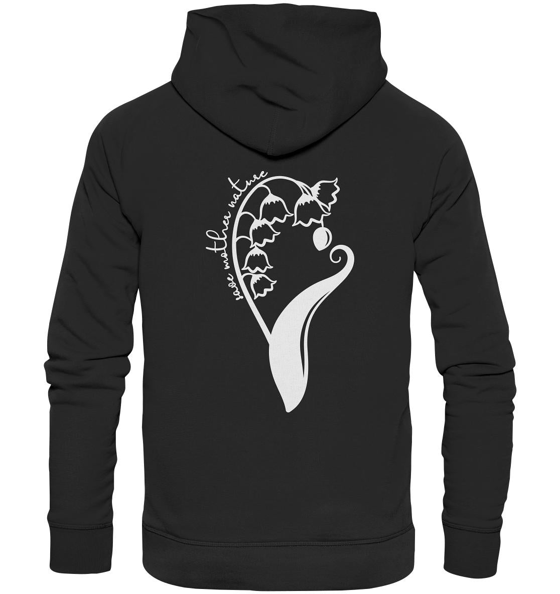 Vegan und Bio Hoodie: Save Mother Nature with Flower Power, schwarzer Hoodie mit weißem Blumenmotiv, aus nachhaltiger Bio-Baumwolle, ideal für Naturfreunde.