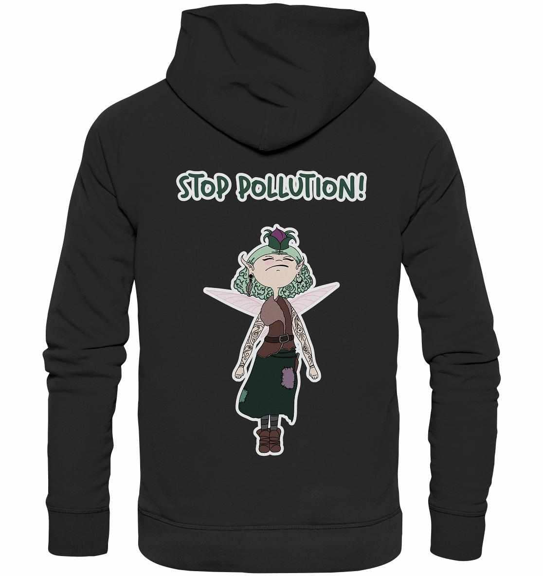 Vegan und Bio Hoodie mit Cartoon-Krawallfee, die Umweltverschmutzung thematisiert, aus nachhaltigen Materialien hergestellt, Kapuze und Kängurutasche, von RUDE REBEL.