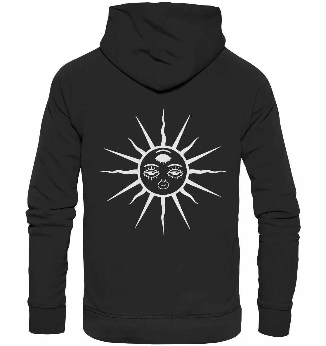 Vegan und Bio Hoodie mit Sonnenmotiv und Augen im Ethno-Stil, aus nachhaltiger Bio-Baumwolle, ideal für umweltbewusste Modebegeisterte.
