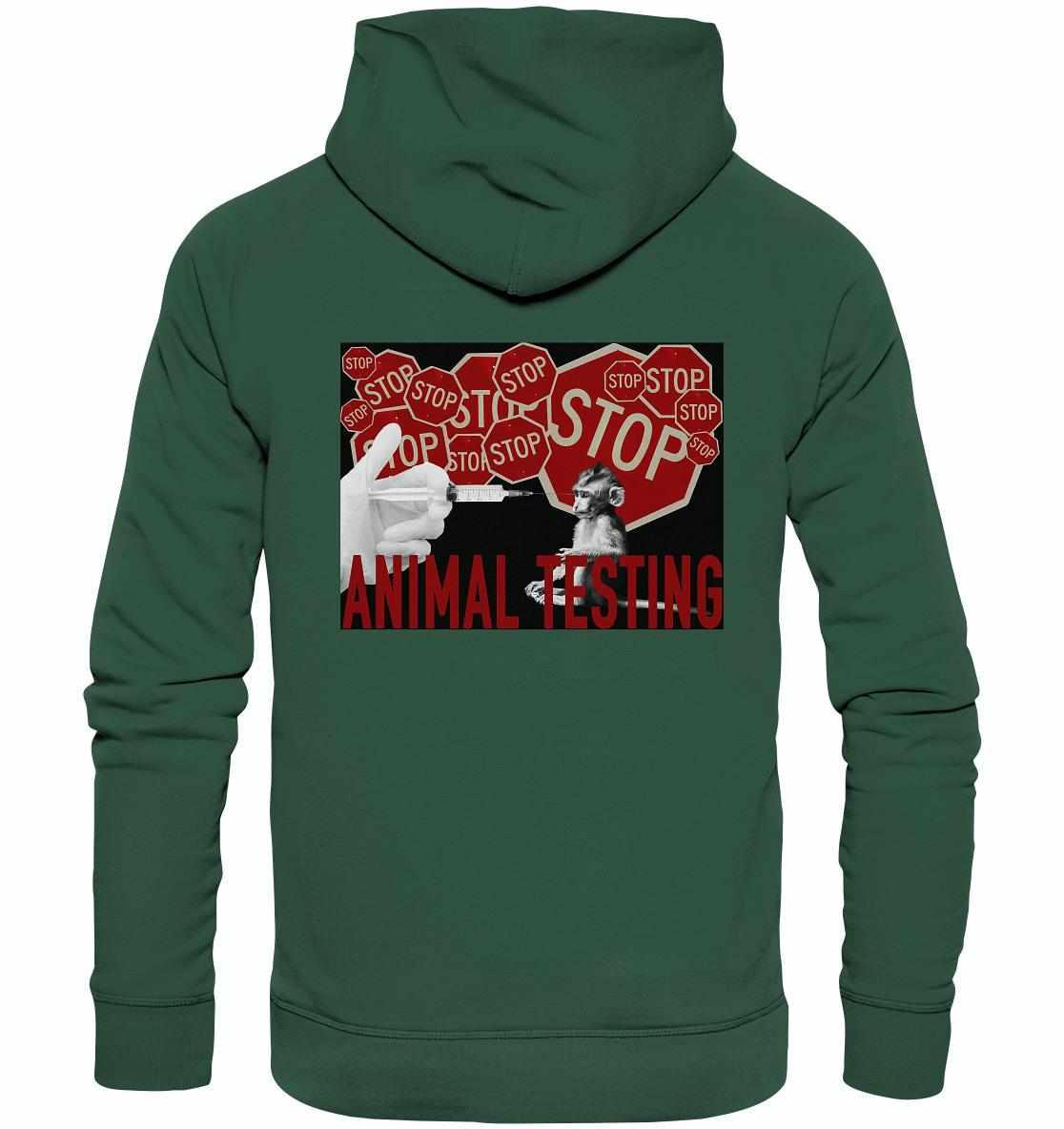 Vegan und Bio Hoodie: STOP ANIMAL TESTING! zeigt ein Stoppschild-Motiv und symbolisiert Protest gegen Tierversuche. Nachhaltig hergestellt aus Bio-Baumwolle.