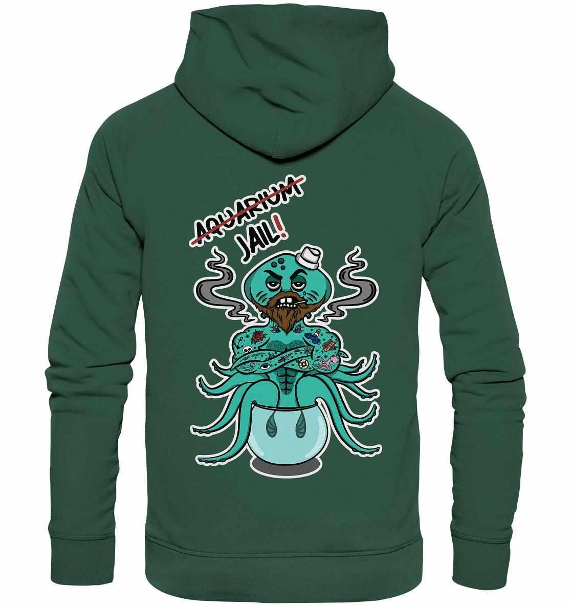 Vegan und Bio Hoodie: Animal Rights - Aquarium=Jail! mit Cartoon-Oktopus, aus Bio-Baumwolle und recyceltem Polyester, für Meereslebewesen-Schutz und Tierrechte.
