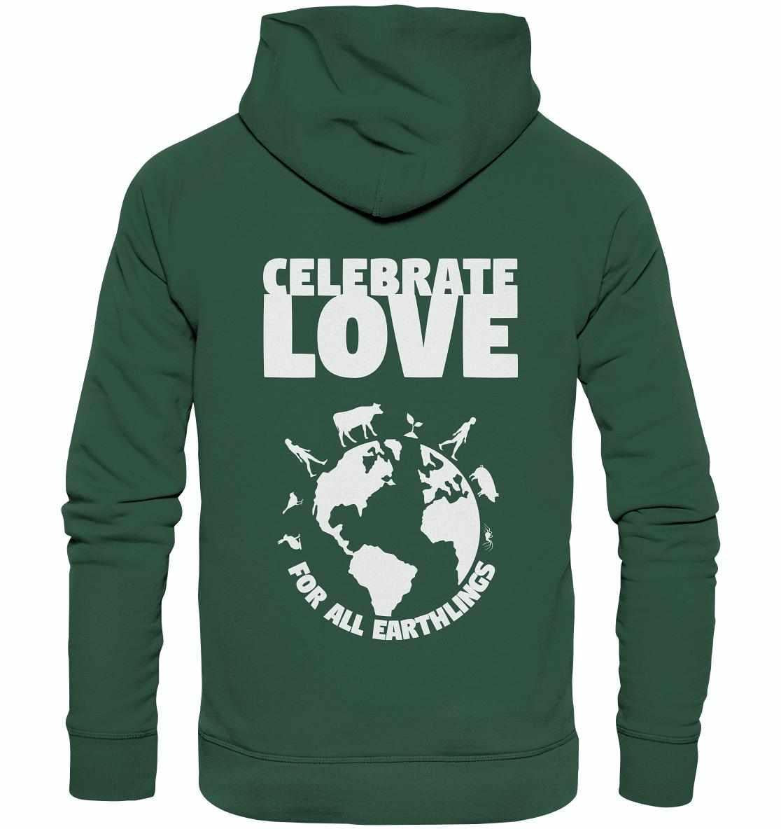 Vegan und Bio Hoodie: Celebrate Love For All Earthlings, mit weißem Textmotiv auf der Brust, aus umweltfreundlicher Bio-Baumwolle und recyceltem Polyester, normaler Passform.
