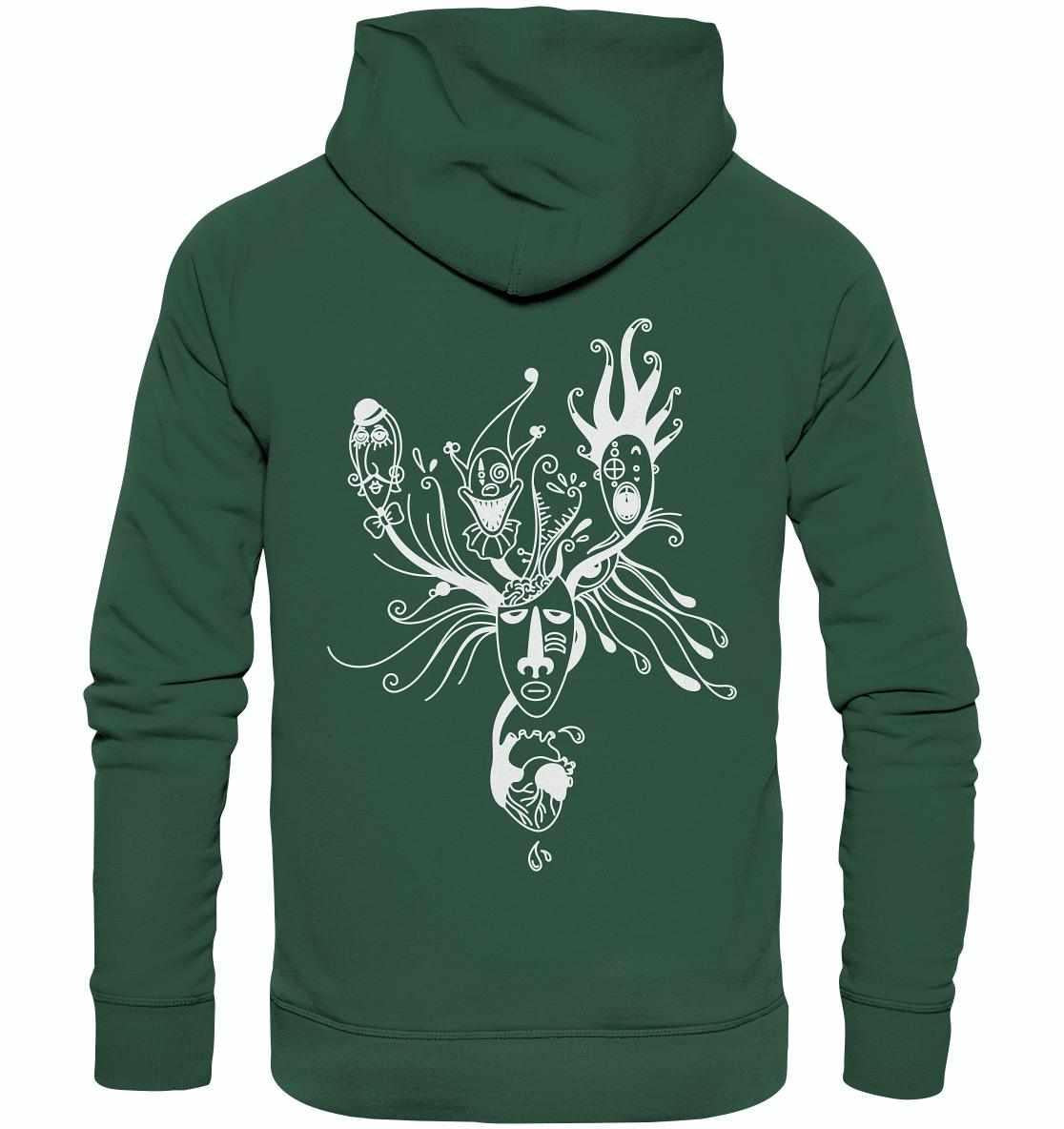 Vegan und Bio Hoodie: Mental Health - Behind the Mask mit weißem Clown-Design aus Bio-Baumwolle und recyceltem Polyester, Kapuze und Kängurutasche.