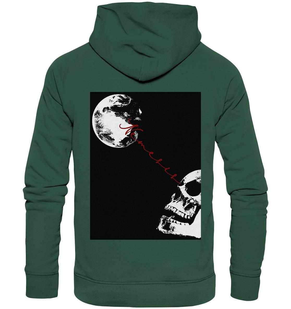 Vegan und Bio Hoodie: Nemesis - Dystopische digitale Collage mit einem Schädel und Mond, umweltfreundlich aus Bio-Baumwolle und recyceltem Polyester, rebellisches Design.
