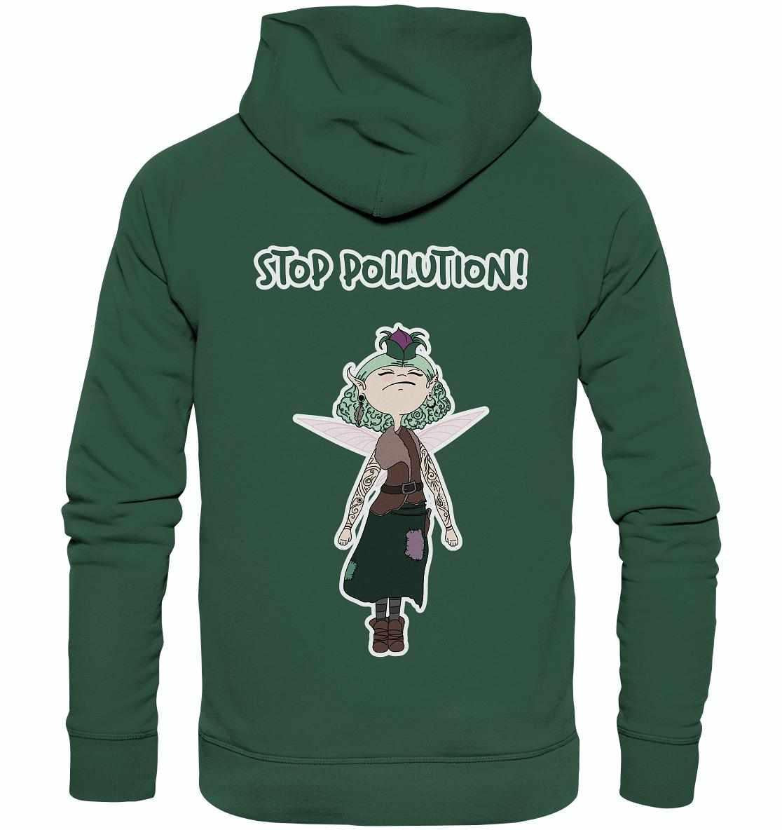 Vegan und Bio Hoodie: STOP POLLUTION! - Krawall Fee, grüner Hoodie mit tätowierter Fee, umweltfreundlich aus Bio-Baumwolle und Recyclingmaterialien, designed von RUDE REBEL.