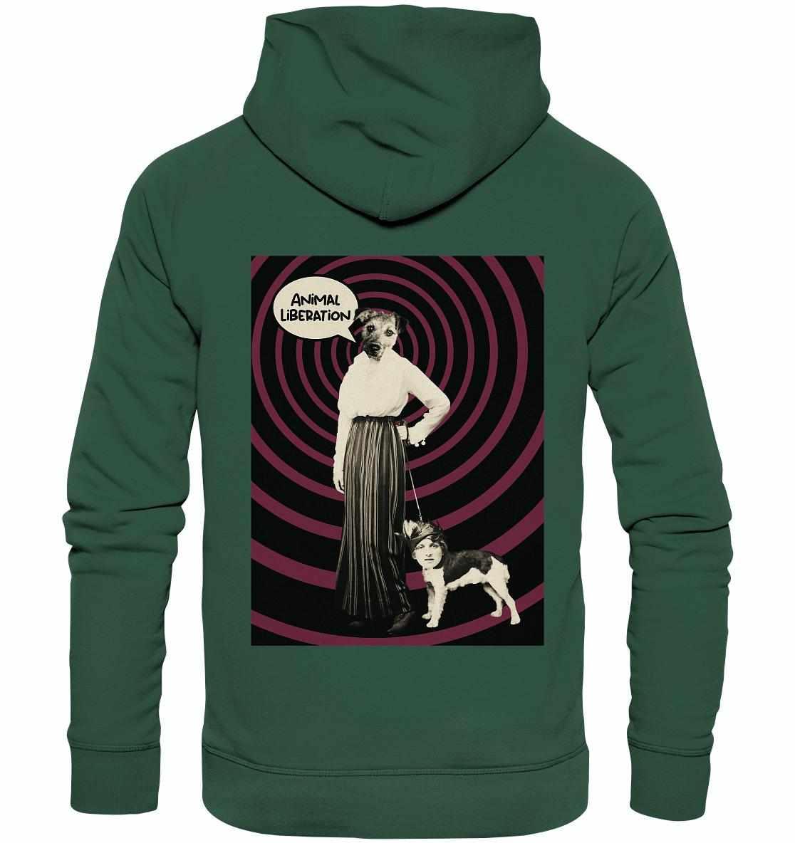 Vegan und Bio Hoodie: Upside Down - Animal Liberation, zeigt Frau mit Hund. Nachhaltig produziert, kombiniert Popart und Vintage, inspiriert zur Tierrechtsreflexion.