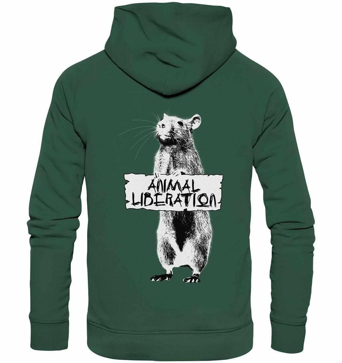 Vegan und Bio Hoodie: Rat for Animal Liberation, grün mit Bärenmotiv, inspiriert von Banksy's Street Art, fördert Tierschutz; aus Bio-Baumwolle und recyceltem Polyester.