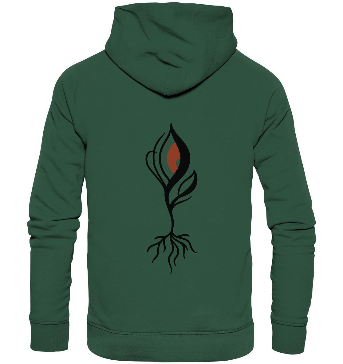 Vegan und Bio Hoodie: Minimalist bloody Eye - Plant 2 mit schwarzem und rotem Design, getragen von einer Person. Nachhaltig aus Bio-Baumwolle und recyceltem Polyester.