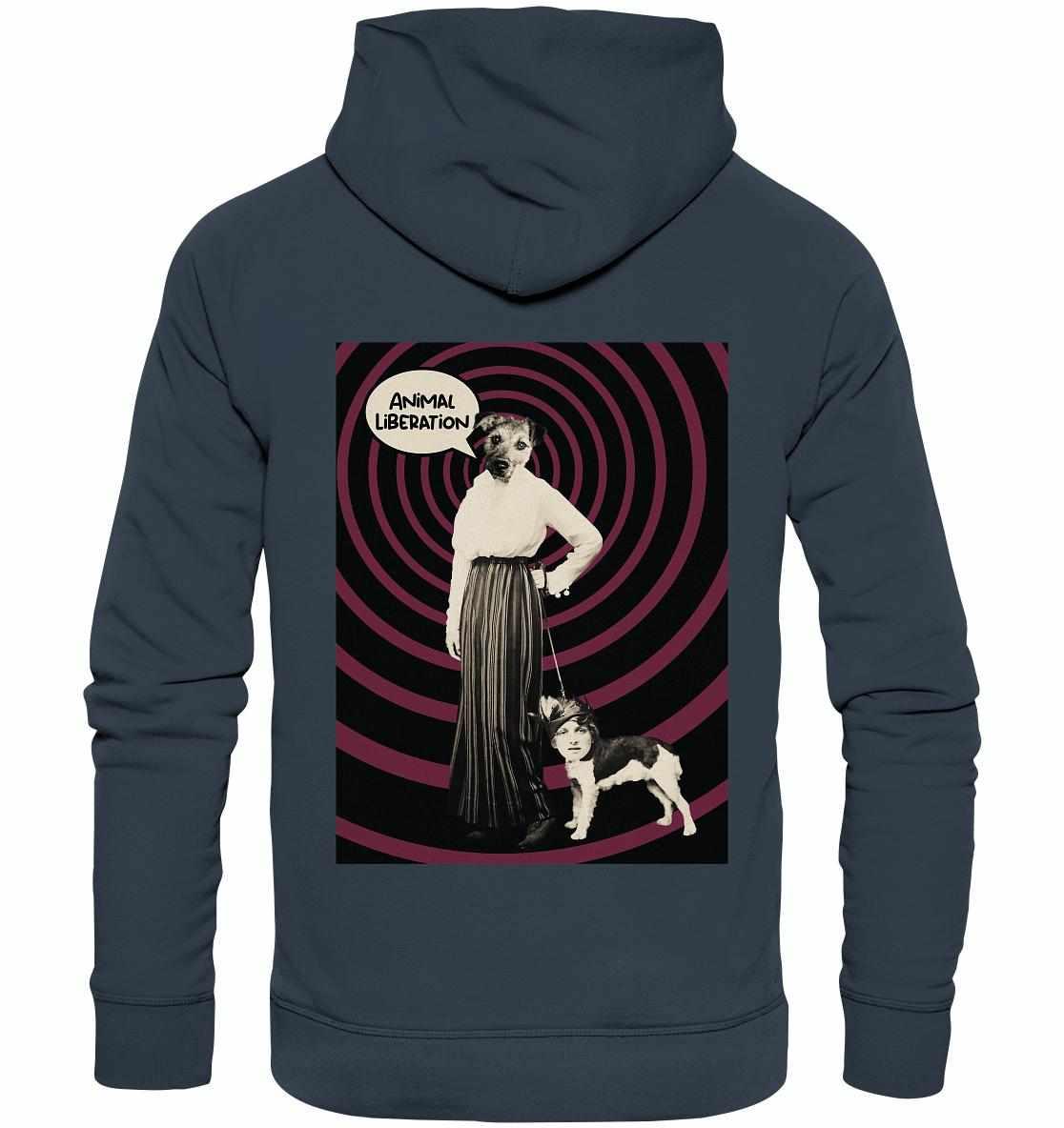 Vegan und Bio Hoodie: Upside Down - Animal Liberation, zeigt eine Frau mit Hundekopf, betont durch Popart und Vintage-Fotografie, um Tierbefreiung anzuregen.