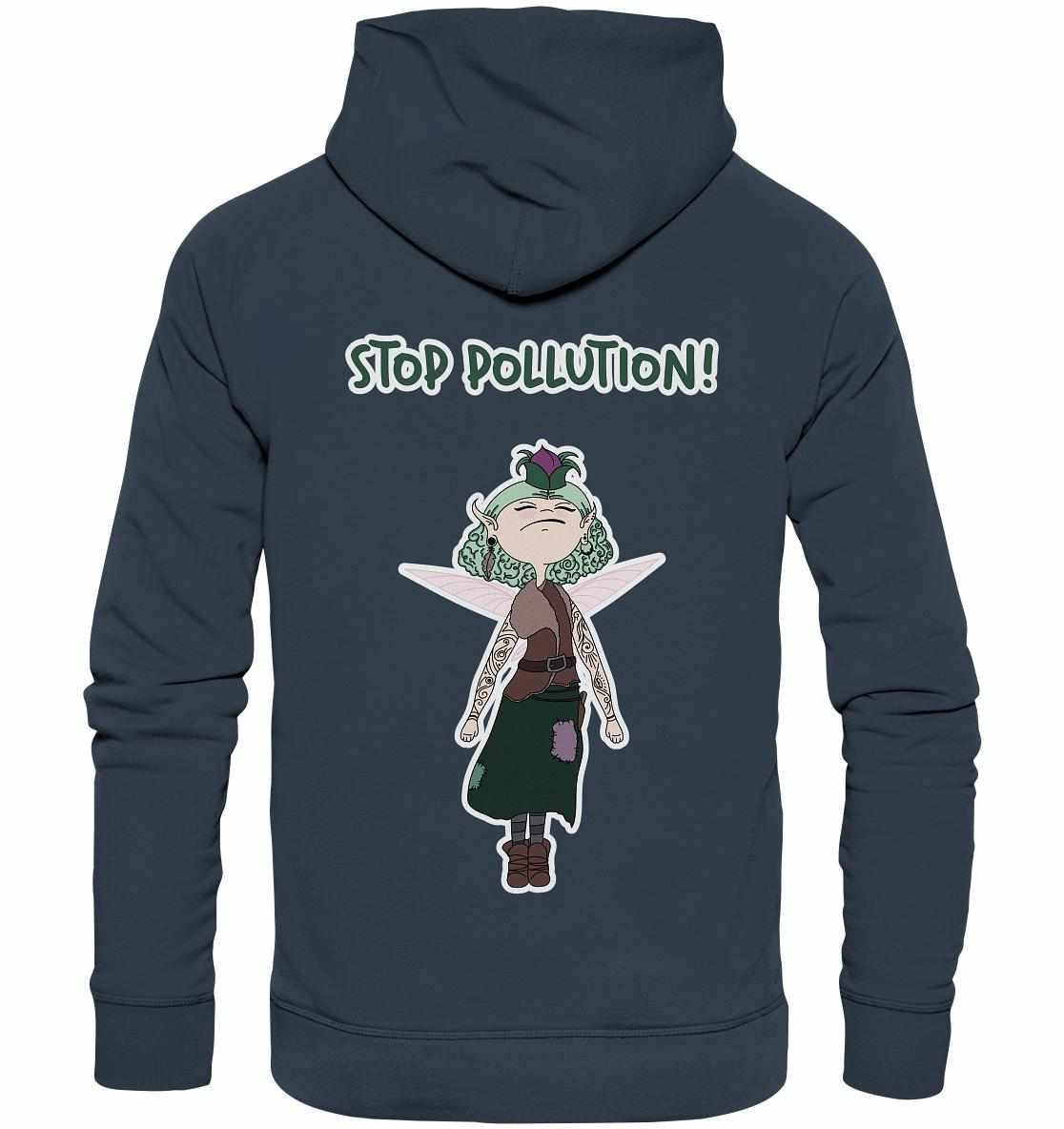 Person trägt den Vegan und Bio Hoodie: STOP POLLUTION! - Krawall Fee mit Cartoon-Fee, umweltfreundlich aus Bio-Baumwolle und recycelten Materialien produziert.