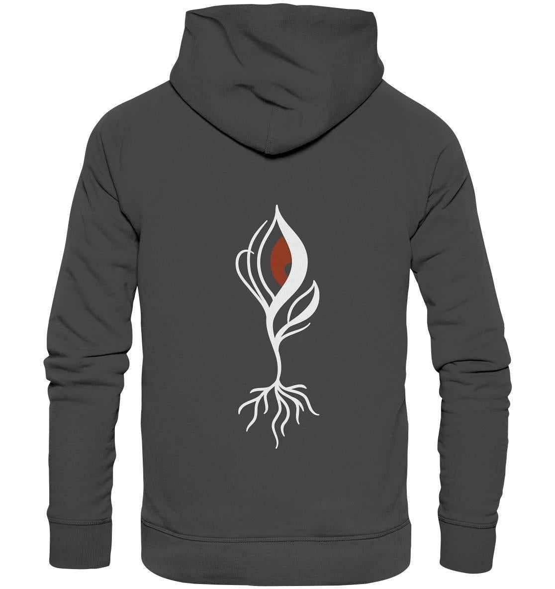 Vegan und Bio Hoodie: Minimalist bloody Eye - Plant 2, mit weißem Blumen- und rotem Augendesign, Kapuze, Reißverschluss, aus Bio-Baumwolle und recyceltem Polyester.