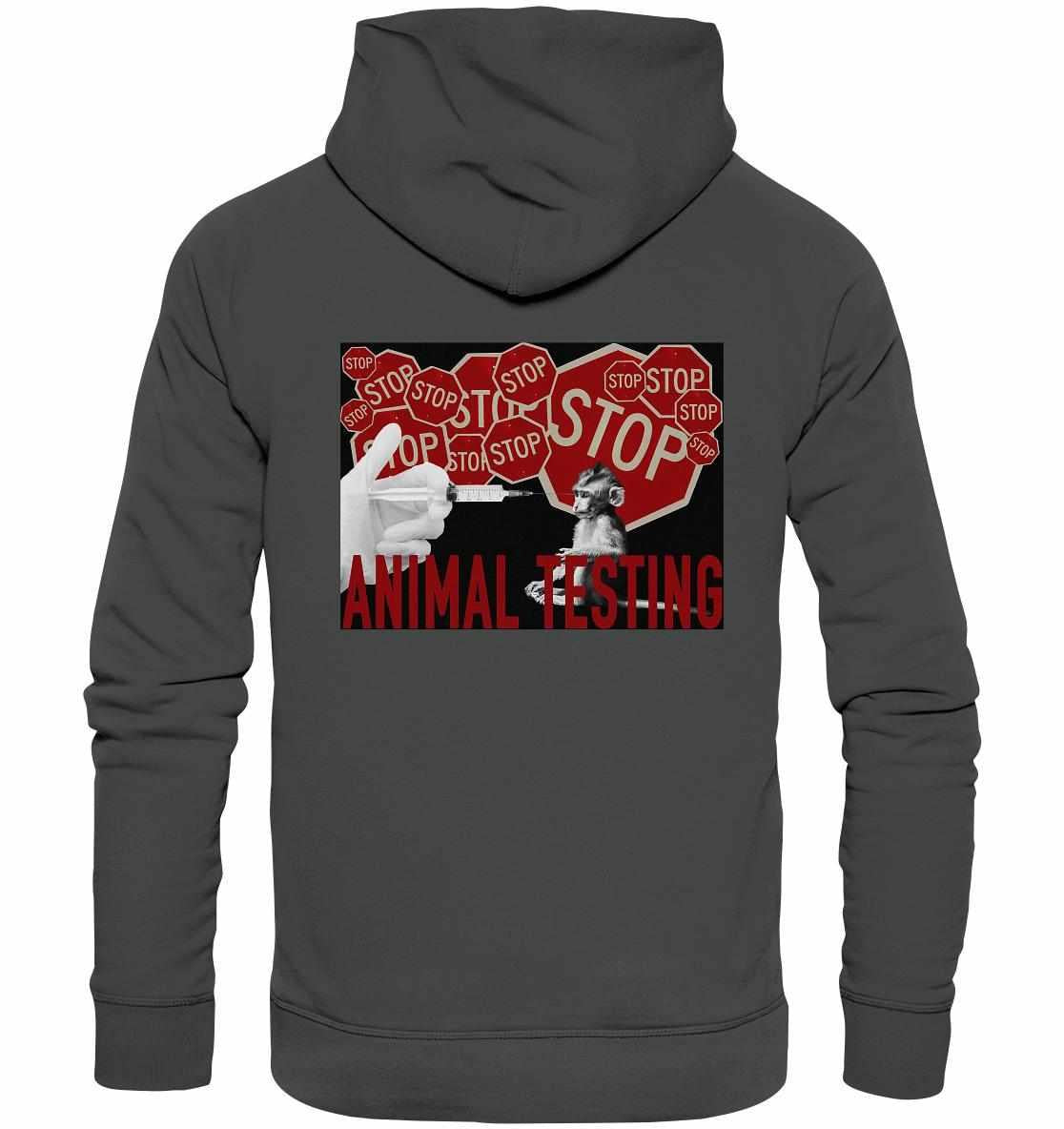 Vegan und Bio Hoodie: STOP ANIMAL TESTING! mit Stoppschild und Spritze, rebellisches Design gegen Tierversuche, aus Bio-Baumwolle, von RUDE REBEL.