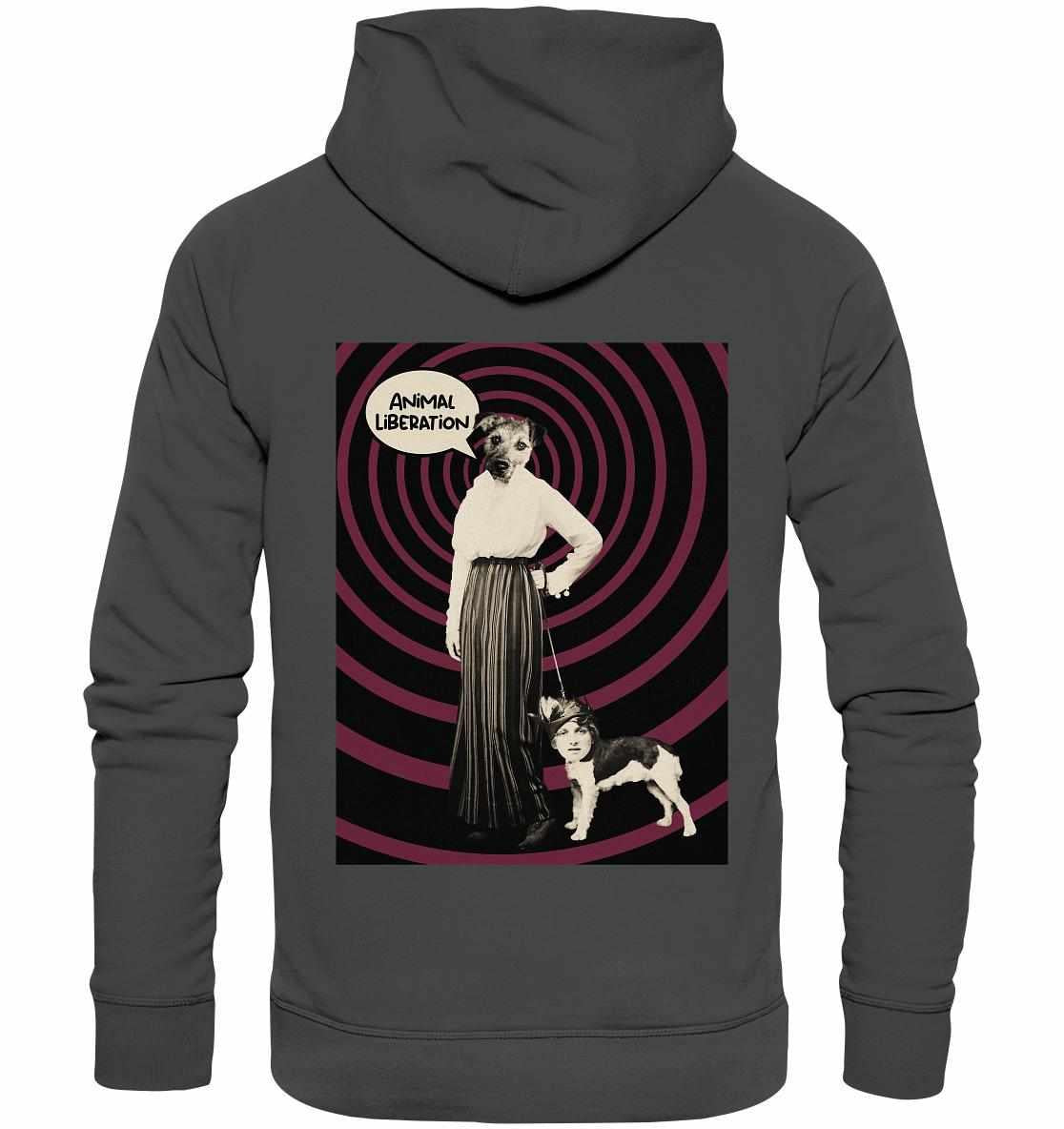 Vegan und Bio Hoodie: Upside Down - Animal Liberation, zeigt digitale Collage von Frau und Hund, inspiriert von Tierrechten. Hergestellt aus Bio-Baumwolle und Recyclingmaterialien.