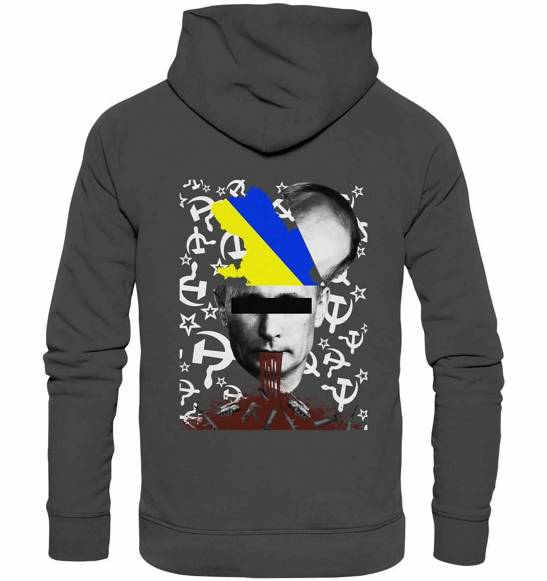 Vegan und Bio Hoodie: STOP WAR IN UKRAINE! mit digitaler Collage von Putins Gesicht, um Krieg zu kritisieren. Hergestellt aus Bio-Baumwolle.