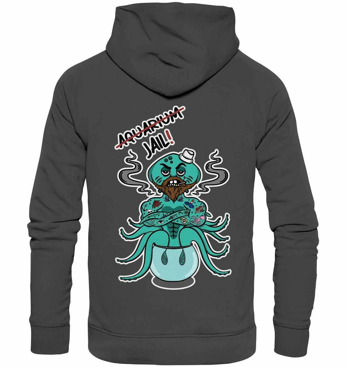 Vegan und Bio Hoodie: Animal Rights - Aquarium=Jail! mit Cartoon-Oktopus, hergestellt aus Bio-Baumwolle und Recyclingmaterialien, unterstützt Meeresschutz und Tierrechte.