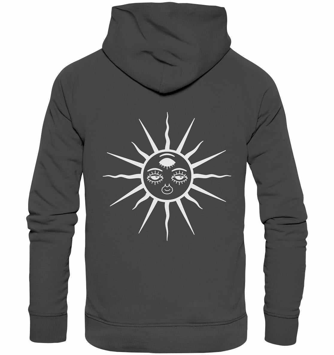Vegan und Bio Hoodie: The Sun - Third Eye Awakening mit Sonnen- und Mondmotiv, Kapuze und Kängurutasche, aus nachhaltiger Bio-Baumwolle und recyceltem Polyester.