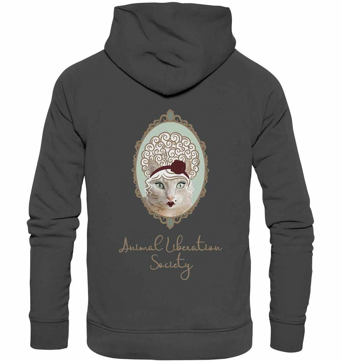 Vegan und Bio Hoodie: Miss Cat - Animal Liberation Society, grauer Kapuzenpullover mit Katzenmotiv, inspiriert von Tierrechten. Hergestellt aus Bio-Baumwolle und recyceltem Polyester.