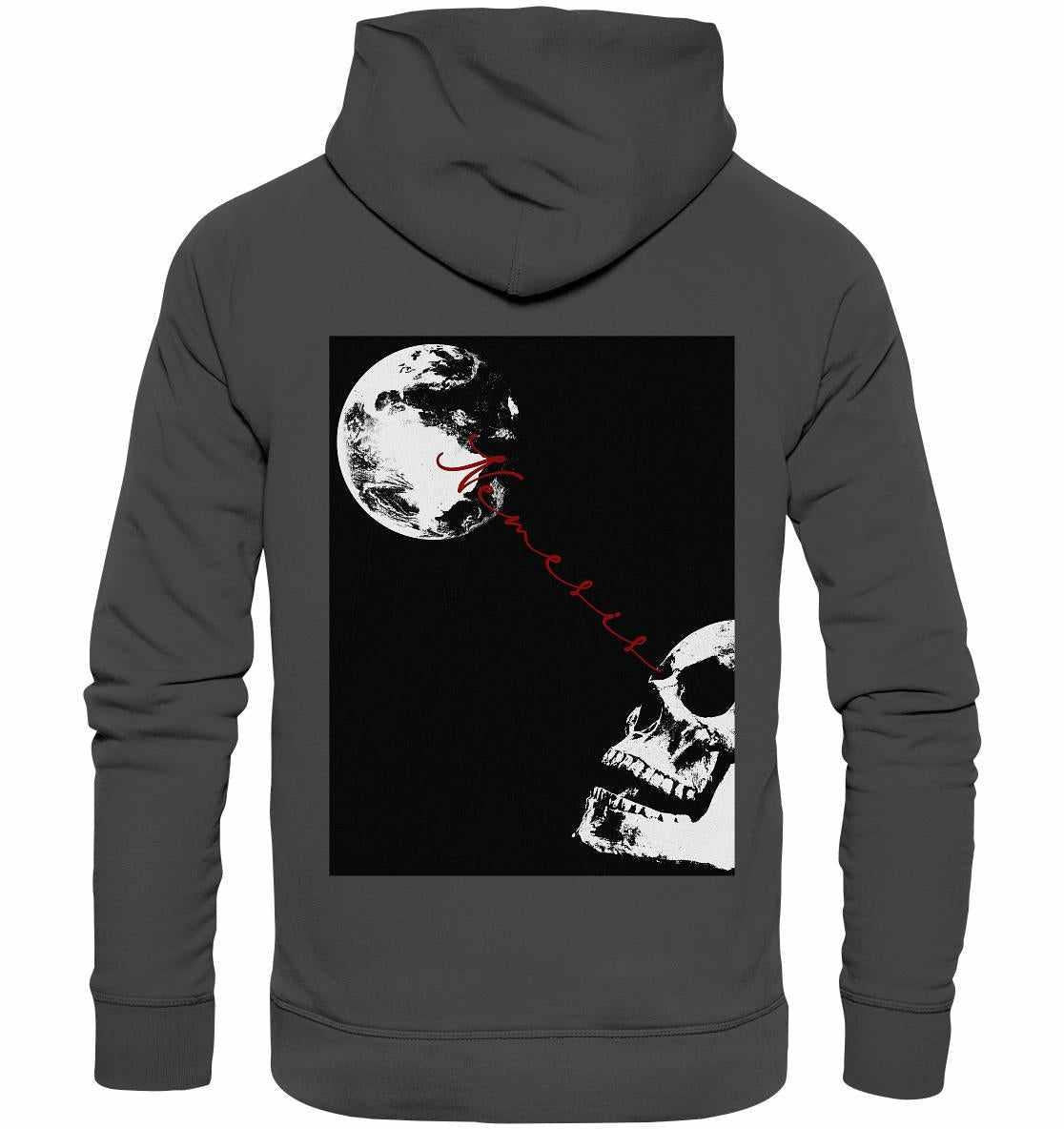 Vegan und Bio Hoodie: Nemesis - Dystopische digitale Collage, grauer Hoodie mit Totenkopf und Mond, aus Bio-Baumwolle und recyceltem Material, rebellisches Design von RUDE REBEL.