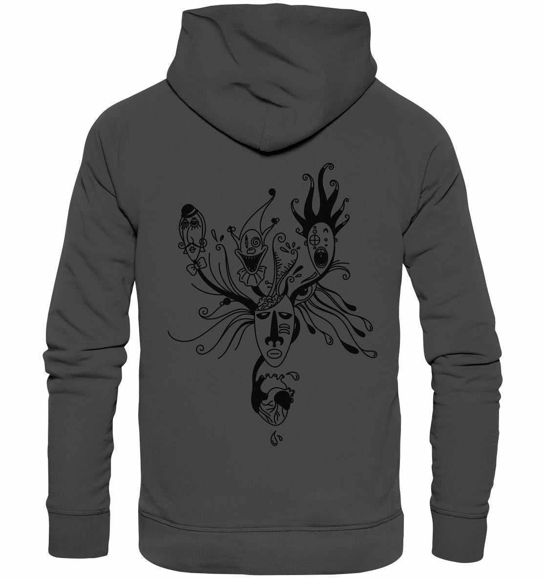 Veganer Bio-Hoodie mit minimalistischem Blackwork-Design, zeigt viele Gesichter hinter einer Maske, aus Bio-Baumwolle und recyceltem Polyester, von RUDE REBEL.