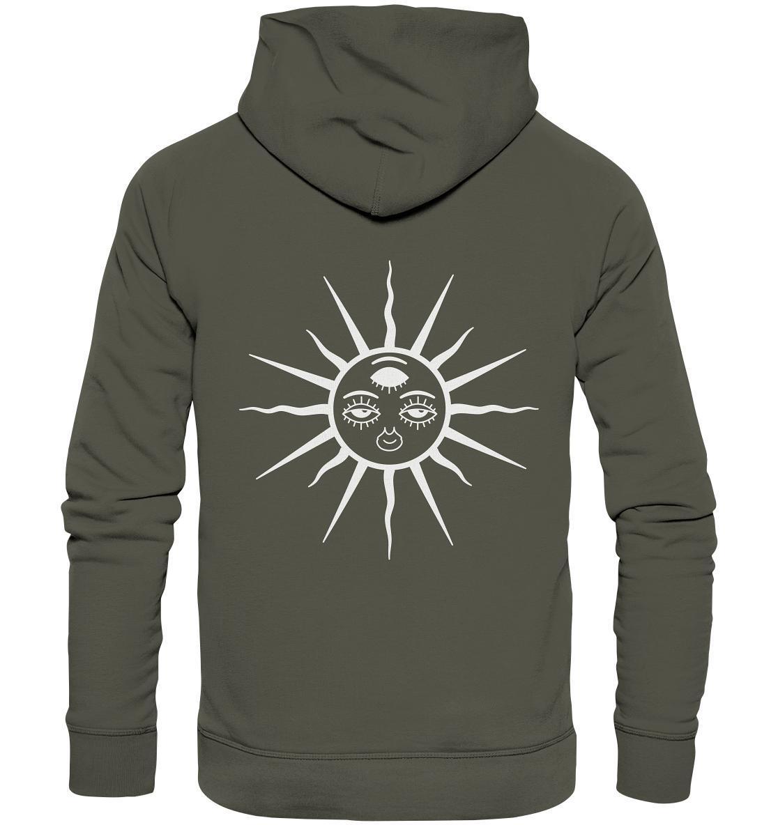 Vegan und Bio Hoodie: The Sun - Third Eye Awakening, grauer Hoodie mit dreiaugiger Sonnengrafik, hergestellt aus Bio-Baumwolle und recyceltem Polyester, ideal für nachhaltige Mode.