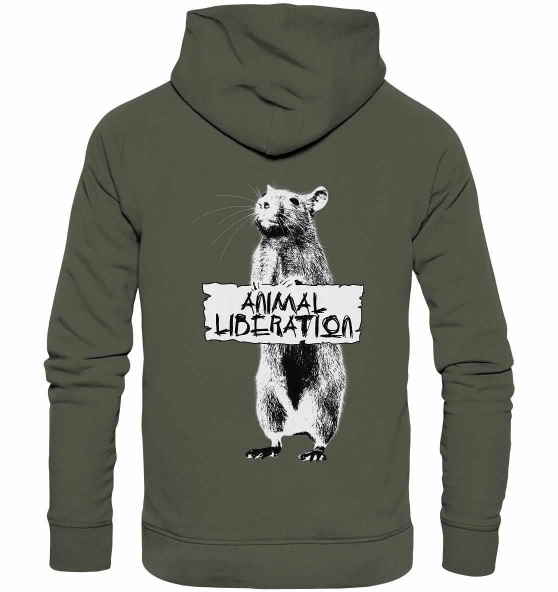 Person trägt den Vegan und Bio Hoodie: Rat for Animal Liberation, mit Banksy-inspirierter Tiergrafik, symbolisiert Tierschutz und Gleichberechtigung, aus Bio-Baumwolle und recyceltem Polyester.