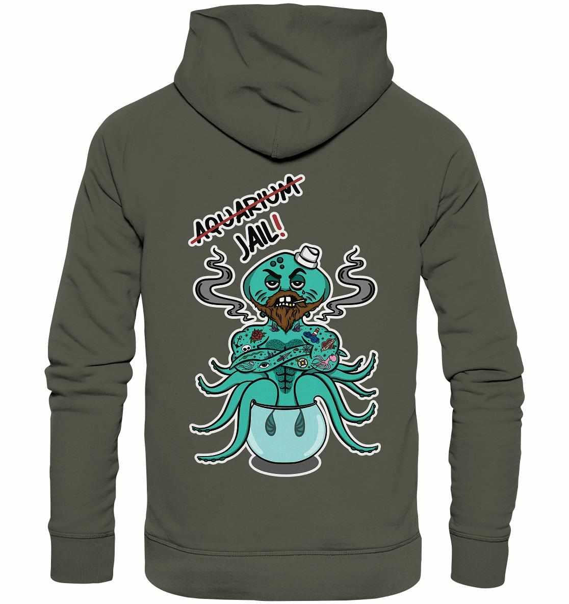 Grauer Hoodie mit Cartoon-Oktopus, vegan und umweltfreundlich, aus Bio-Baumwolle und Recyclingmaterialien, unterstützt Meereslebewesen. Produktname: Vegan und Bio Hoodie: Animal Rights - Aquarium=Jail!