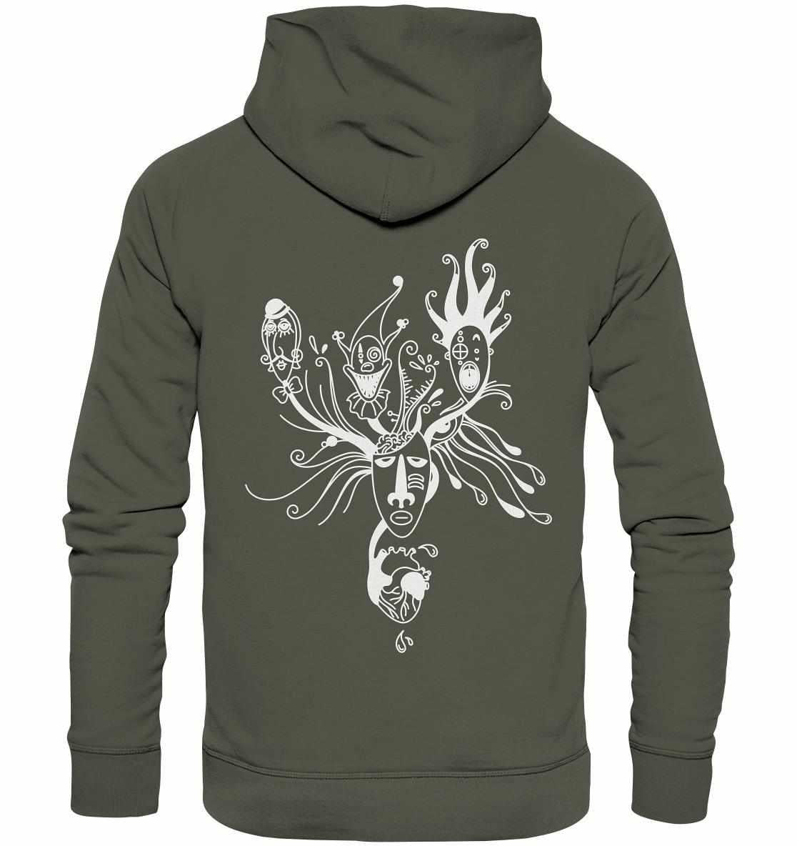Vegan und Bio Hoodie: Mental Health - Behind the Mask, mit minimalistischem Blackwork-Design, aus Bio-Baumwolle und Recyclingmaterialien, thematisiert individuelle Facetten und innere Emotionen.