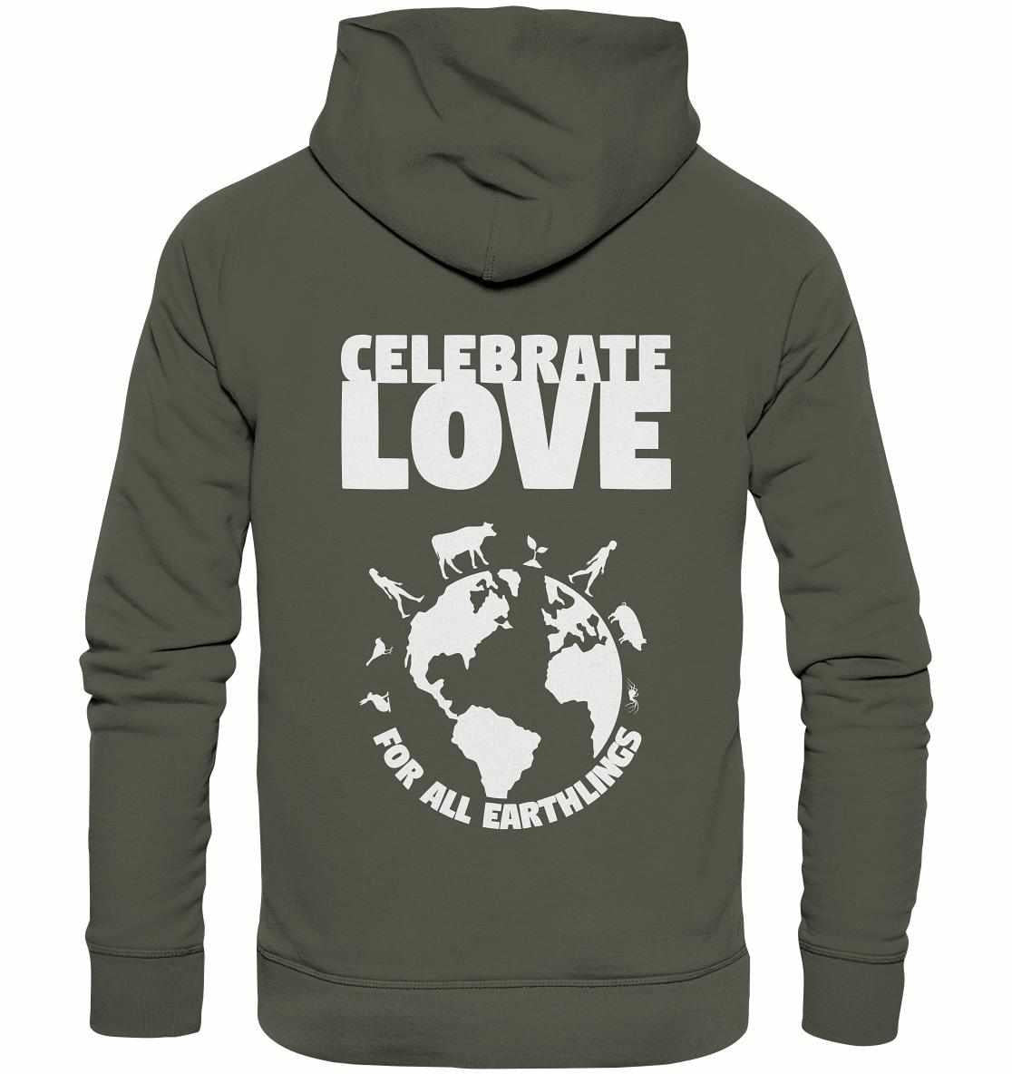 Rückseite eines grauen Vegan und Bio Hoodies mit weißem Text und Tiermotiven, der Liebe zu allen Erdlingen feiert.
