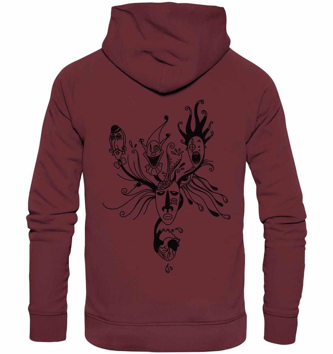 Vegan und Bio Hoodie: Mental Health - Behind the Mask, mit Blackwork-Design-Gesichtsmotiv, aus Bio-Baumwolle und recyceltem Polyester, getragen von einer Person.