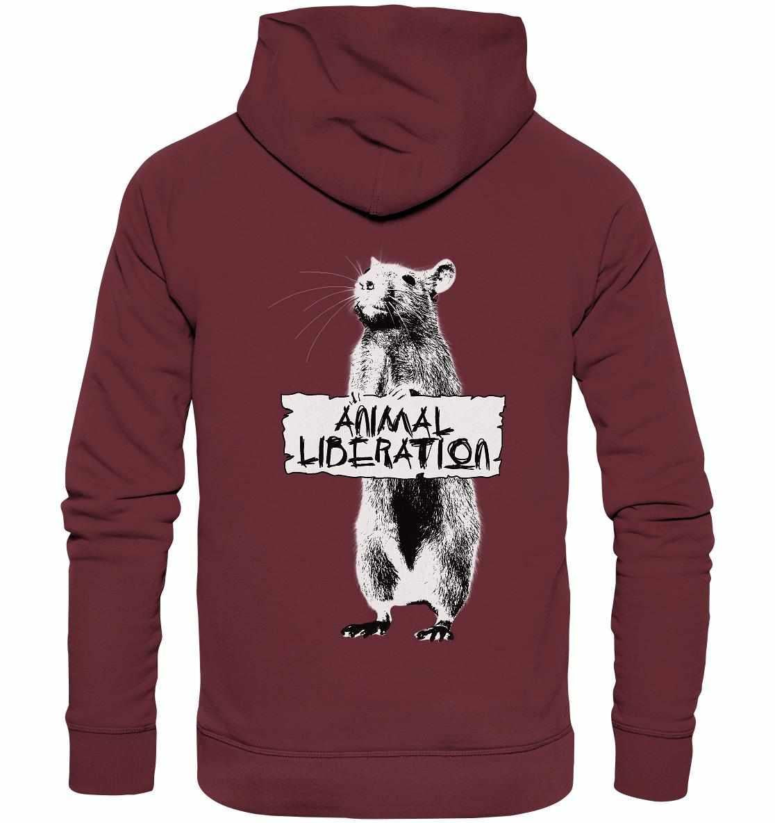 Vegan und Bio Hoodie: Rat for Animal Liberation, zeigt eine Ratte mit Schild. Nachhaltig aus Bio-Baumwolle, symbolisiert Tierrechte und Gleichberechtigung.