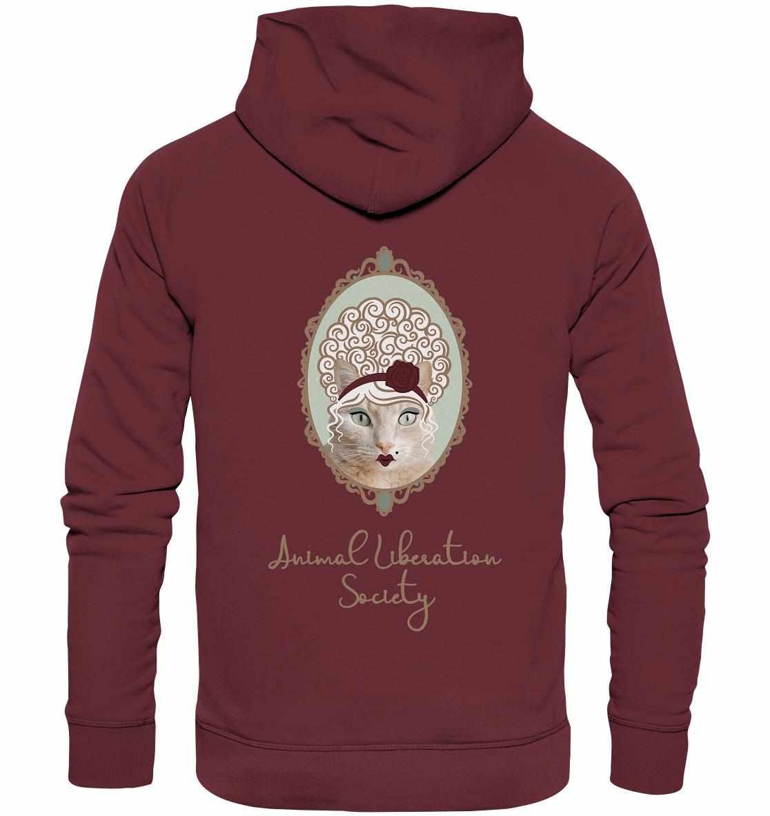 Vegan und Bio Hoodie: Miss Cat - Animal Liberation Society, roter Hoodie mit Katzenmotiv und Rose, inspiriert von Tierrechten, aus Bio-Baumwolle und recyceltem Polyester.