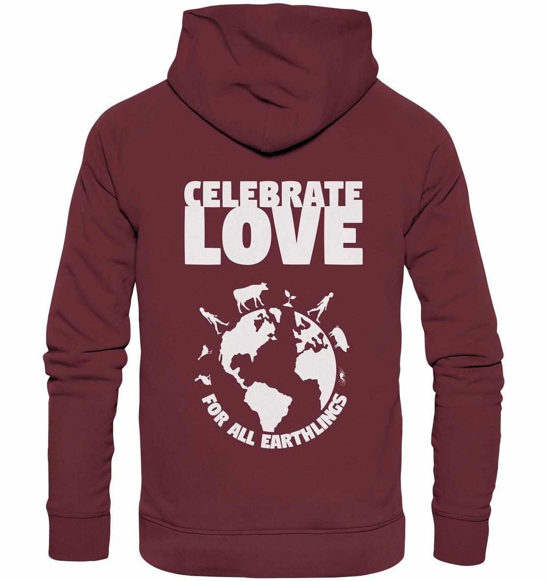 Vegan und Bio Hoodie: Celebrate Love For All Earthlings, roter Hoodie mit weißem Schriftzug, zeigt Silhouetten um einen Globus, getragen von einer Person.